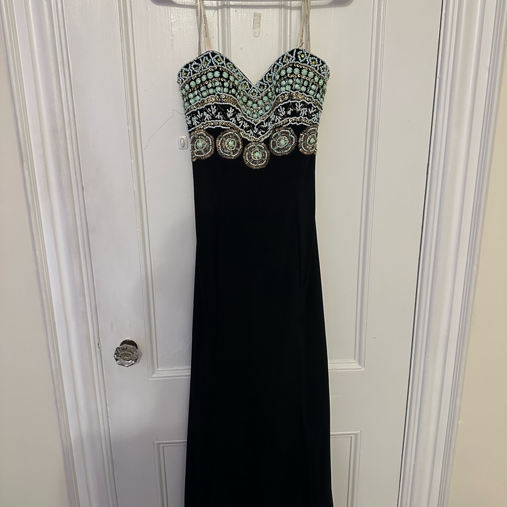 Rachel Allan Blue and Black Embellished Prom Gown